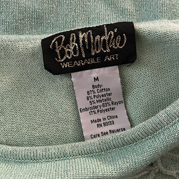 Bob Mackie Vintage Mint Green Floral Metallic 3/4 Sleeve Sweater Shirt **Sz M** - Picture 5 of 7